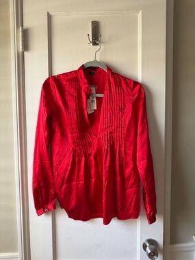 Theory Red Pintuck V-Neck Satin Blouse - Women